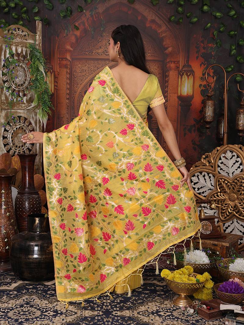 yellow cotton blend saree with colorful woven floral motifs