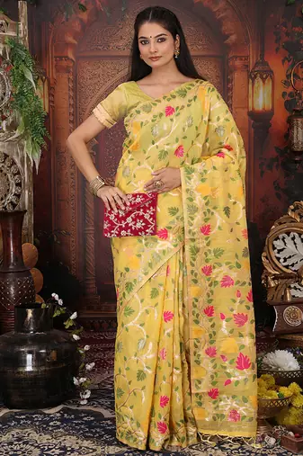 yellow cotton blend saree with colorful woven floral motifs
