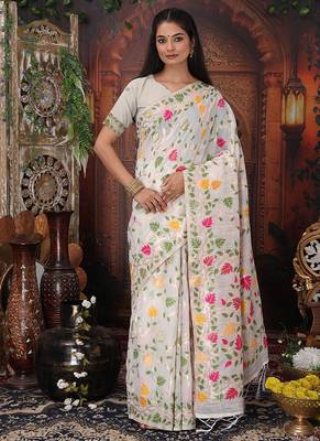 white cotton blend saree with colorful woven floral motifs 1