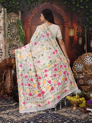 white cotton blend saree with colorful woven floral motifs 2