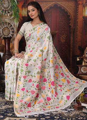 white cotton blend saree with colorful woven floral motifs 3
