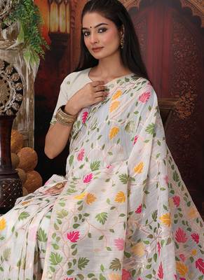 white cotton blend saree with colorful woven floral motifs 4