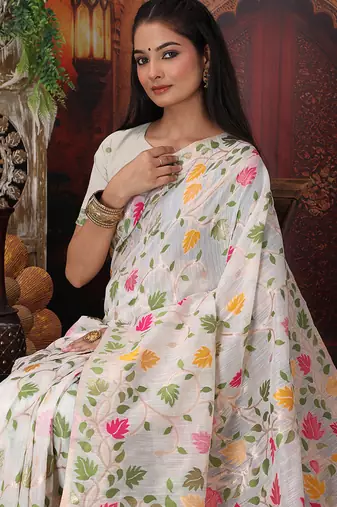 white cotton blend saree with colorful woven floral motifs