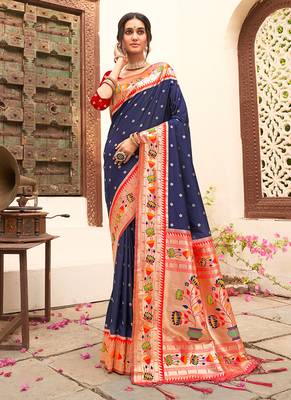 Navy blue silk blend saree with meenakari floral pallu 1