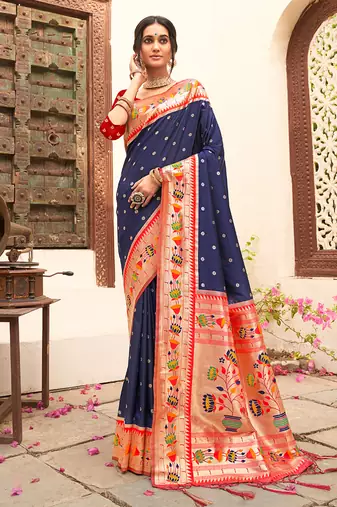 Navy blue silk blend saree with meenakari floral pallu