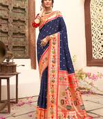 Navy blue silk blend saree with meenakari floral pallu