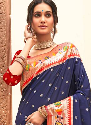 Navy blue silk blend saree with meenakari floral pallu 2
