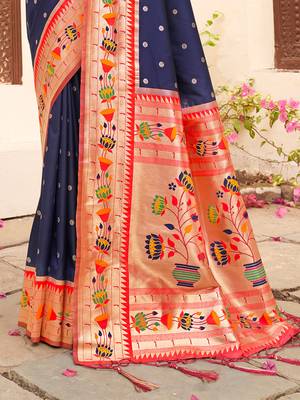 Navy blue silk blend saree with meenakari floral pallu 3