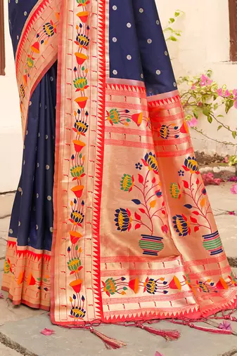 Navy blue silk blend saree with meenakari floral pallu