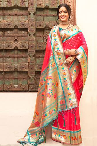 Rani pink silk blend saree with meenakari floral pallu