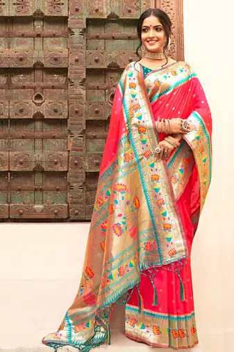 Rani pink silk blend saree with meenakari floral pallu