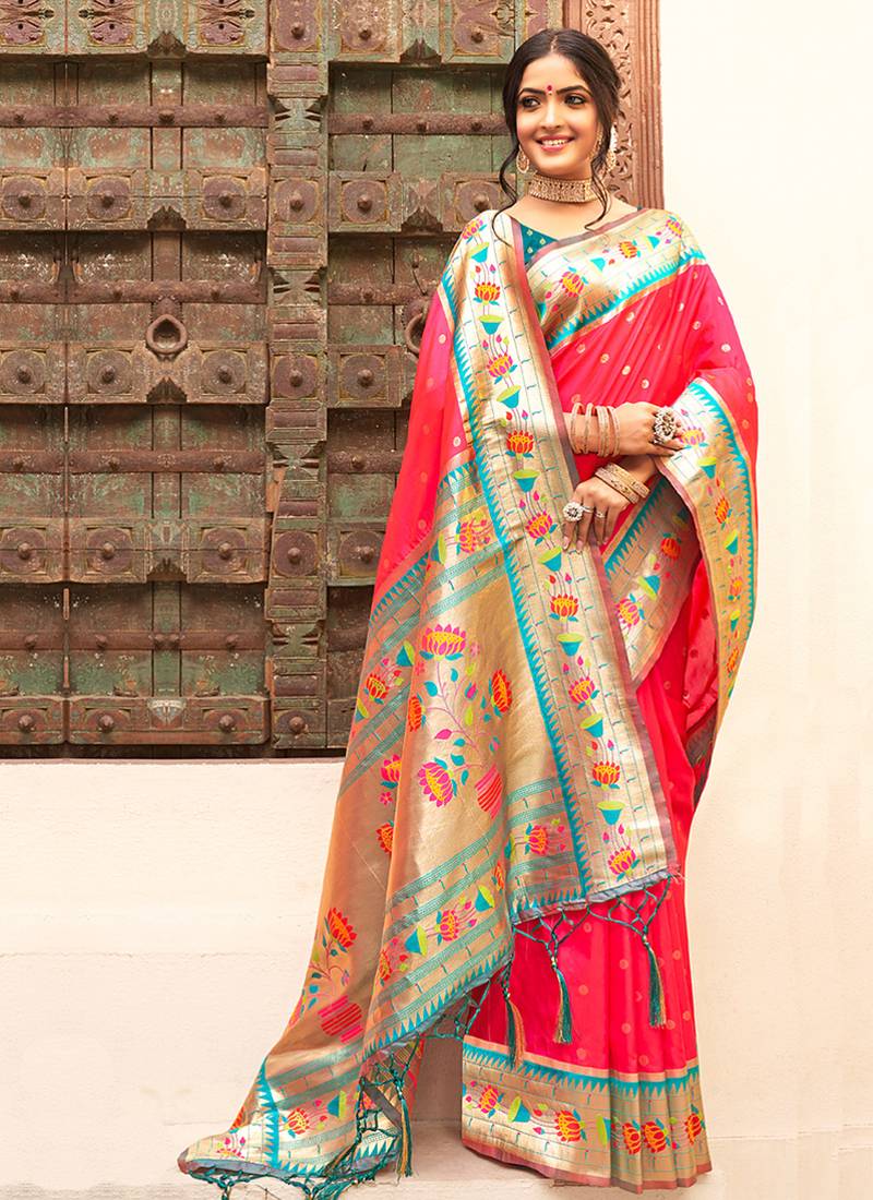 Rani pink silk blend saree with meenakari floral pallu
