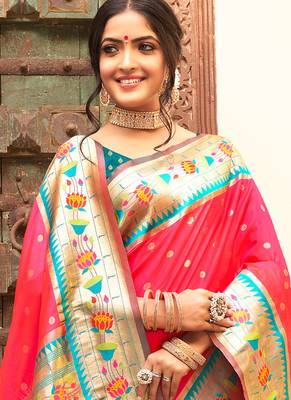 Rani pink silk blend saree with meenakari floral pallu 2