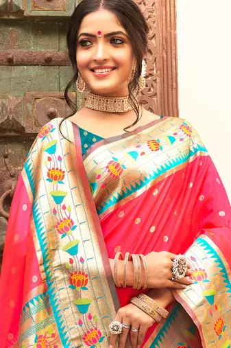 Rani pink silk blend saree with meenakari floral pallu