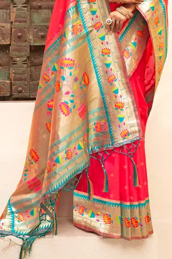 Rani pink silk blend saree with meenakari floral pallu