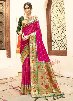 Magenta silk blend saree with meenakari floral pallu 1