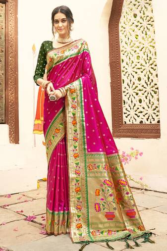 Magenta silk blend saree with meenakari floral pallu