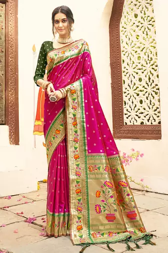 Magenta silk blend saree with meenakari floral pallu