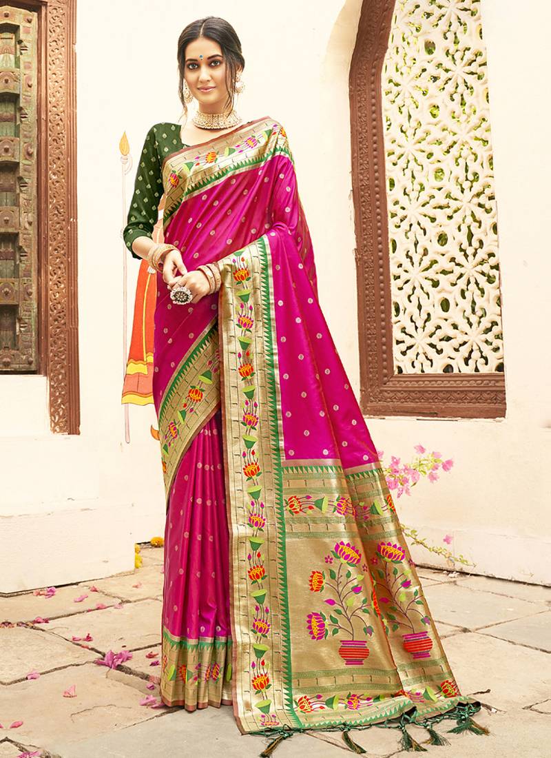 Magenta silk blend saree with meenakari floral pallu