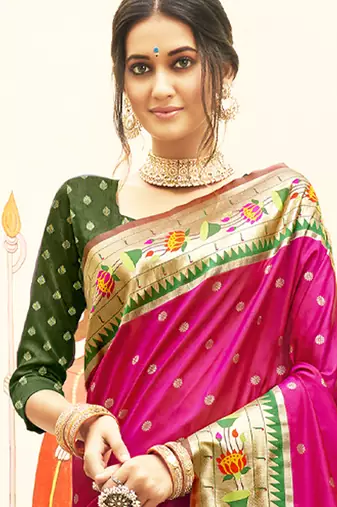 Magenta silk blend saree with meenakari floral pallu