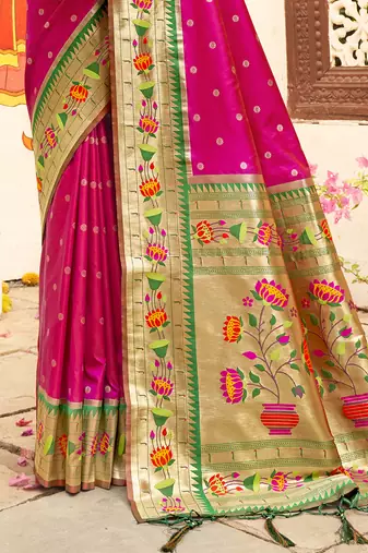 Magenta silk blend saree with meenakari floral pallu