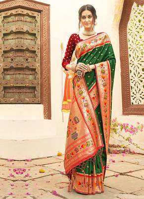Dark green silk blend saree with meenakari floral pallu 1