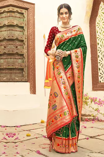 Dark green silk blend saree with meenakari floral pallu