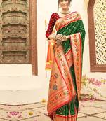 Dark green silk blend saree with meenakari floral pallu