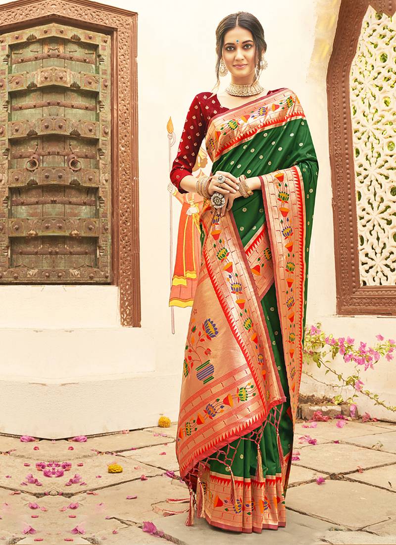 Dark green silk blend saree with meenakari floral pallu