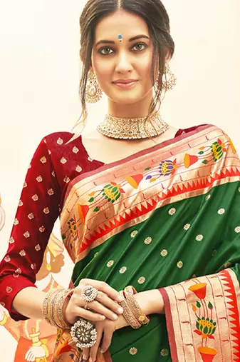 Dark green silk blend saree with meenakari floral pallu