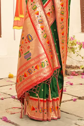 Dark green silk blend saree with meenakari floral pallu