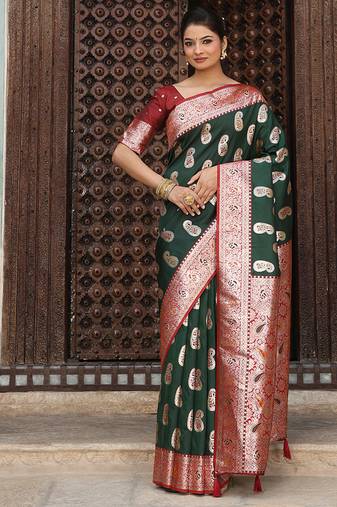 Bottle green silk blend woven saree with paisley motifs