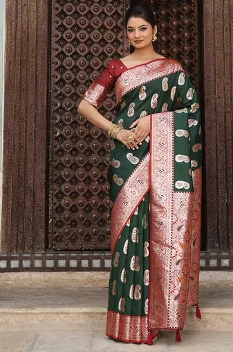 Bottle green silk blend woven saree with paisley motifs