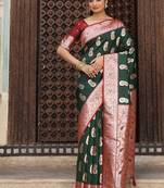 Bottle green silk blend woven saree with paisley motifs