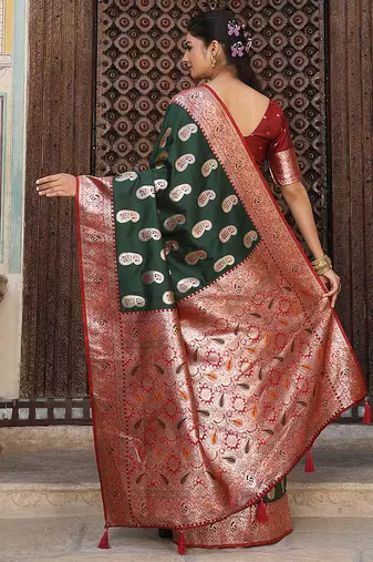 Bottle green silk blend woven saree with paisley motifs