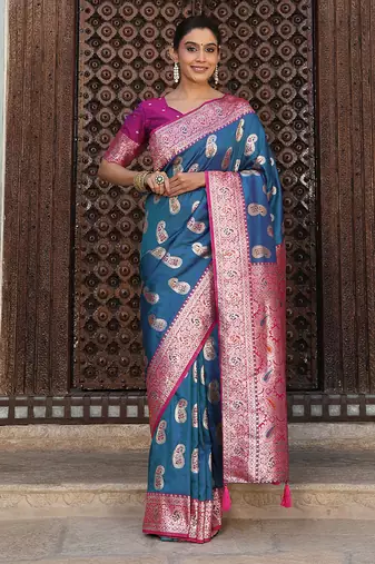 Teal blue silk blend woven saree with paisley motifs
