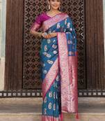 Teal blue silk blend woven saree with paisley motifs