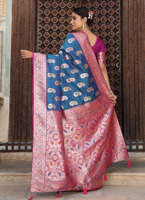 Teal blue silk blend woven saree with paisley motifs 2