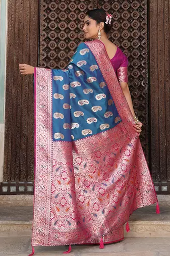 Teal blue silk blend woven saree with paisley motifs