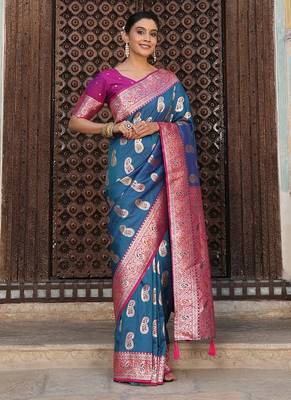 Teal blue silk blend woven saree with paisley motifs 3