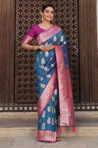 Teal blue silk blend woven saree with paisley motifs
