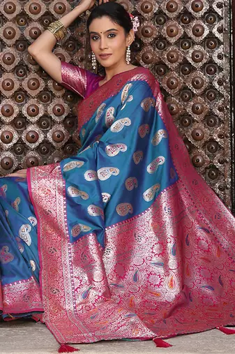 Teal blue silk blend woven saree with paisley motifs