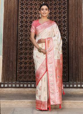 White silk blend woven saree with paisley motifs 1