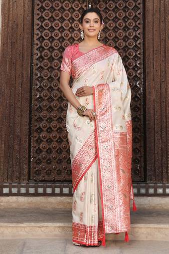 White silk blend woven saree with paisley motifs