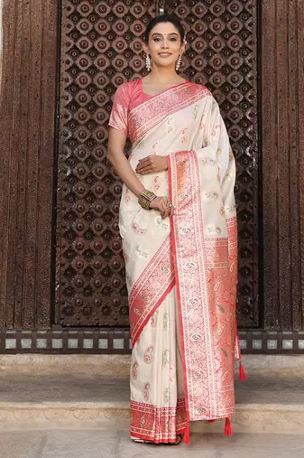 White silk blend woven saree with paisley motifs