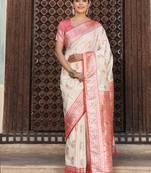 White silk blend woven saree with paisley motifs