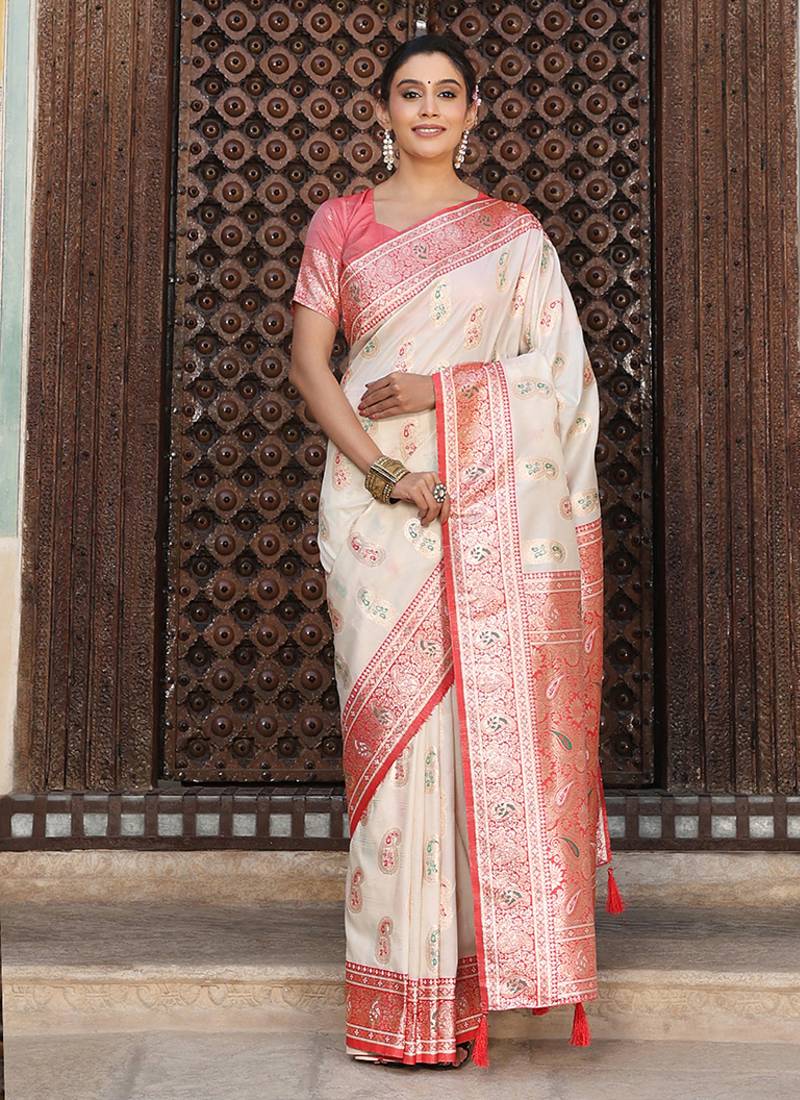 White silk blend woven saree with paisley motifs