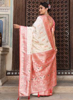 White silk blend woven saree with paisley motifs 2