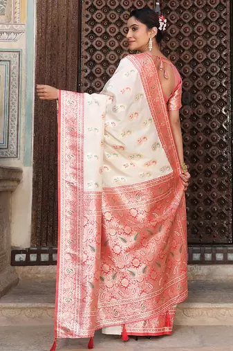 White silk blend woven saree with paisley motifs