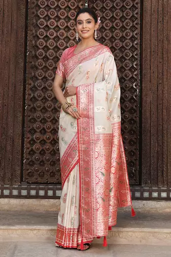 White silk blend woven saree with paisley motifs